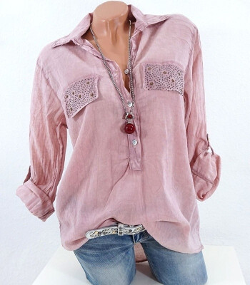 

New Womens Fashion Long Sleeve Lapel Pure Color Casual Loose Blouse