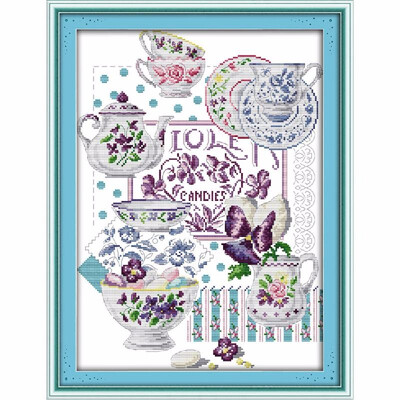

DIY Handmade Needlework Counted Cross Stitch Set Embroidery Kit 14CT Teacups Pattern Cross Stitching 37 47cm Home Decoration