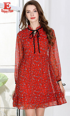 

M L XL XXL 3XL 4XL 5XL plus size new autumn 2018 women chiffon dress long sleeve big size red flower print elegant knee length