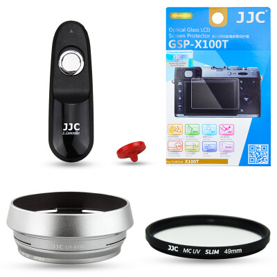 

JJC FM1E Fuji X100T X100F camera accessories set tempered glass film + hood with 49mm adapter ring + UV filter + electronic shutter line + dust shutter button