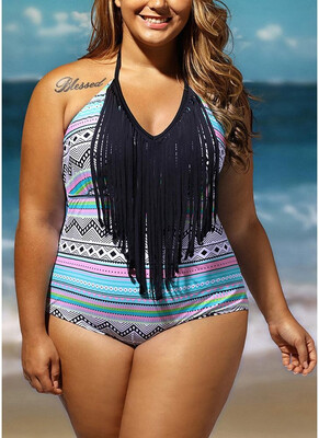

2018 Women Plus Size One Piece Swimsuit Fringes Halter Vintage Swimwear Bathing Suit
