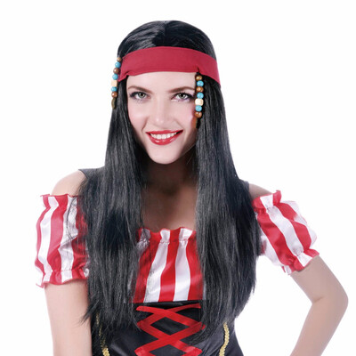 

20" Pirates Cosplay Wig With Headband Long Straight Black Synthetic Hair Custom Halloween Party Wigs For Women Heat Resistant