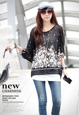 

Fashion Sexy Womens Bohemian O-neck Batwing Sleeve Loose-fitting Chiffon Casual Floral Blouse Shirt T-Shirt Tops