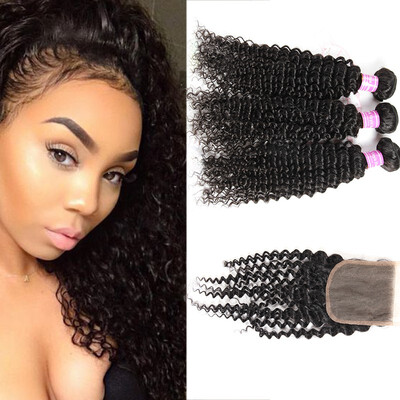 

Glary Peruvian Kinky Curly Bundles With Closure 3 Bundles with Free Part 100 Unprocessed Human Hair Natural Color