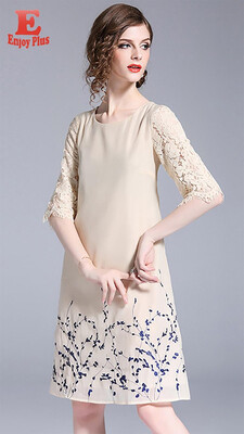 

S M L XL XXL elegant chiffon lace new summer 2018 women dress half sleeve khaki digital flower print formal loose knee length