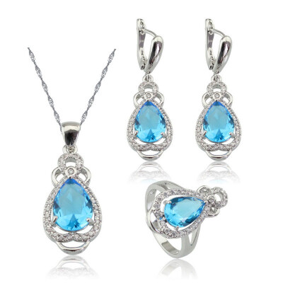 

EIOLZJ Fashion Beautiful Sky Blue Water Drop Cubic zirconia Silver Plated Jewelry Sets for Women Free Jewelry Box