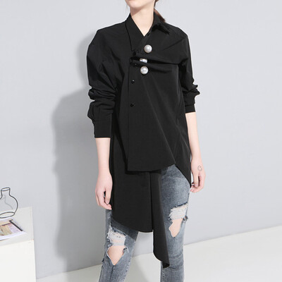 

Pearls Shirt Female Lapel Collar Ruched Patchwork Irregular White Long Blouse 2018 Spring Fashion OL Clothing