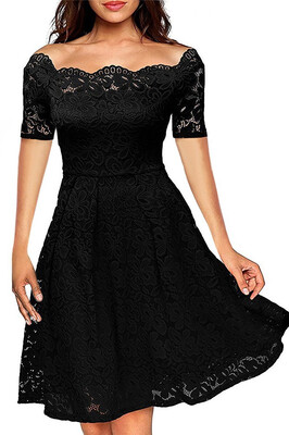 

New Arrial Boat Neck Cocktail Swing Dress Long Sleeve Floral Lace Knee Length Formal Party Dresses