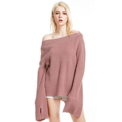 

QUZIHUA 2018 New Spring Fashion Long Flare Slit Sleeve Slash Neck Loose Plus Size Women Sweater Female Knitwear