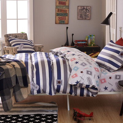 

Hongrui Home Textiles Set Single Student из трех частей Хлопок Высокопрофильный высокоплотный Twill Трехкомпонентный модный Love-Blue 1.2m Bed