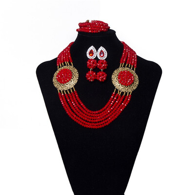

Charming African Jewelry Set Deep Red 6 Row Crystal Beaded Necklace Nigerian Wedding Beads African Beads Jewelry Set For Women