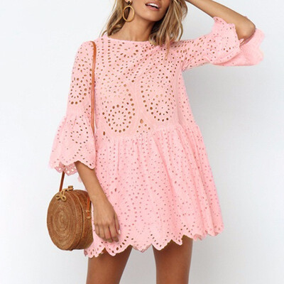 

Sexy Mini Lace Dresses Women Flare Sleeve Hollow out Beach Summer Dress Female Casual Clothes 2018 New Plus Sizes