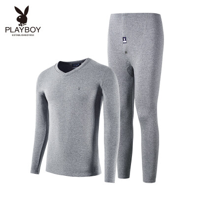 

Playboy Mens Thermal Underwear Set V-neck Basic Thermal Underwear Mens Thick Autumn Clothes Long Pants Set Light Gray V-neck M