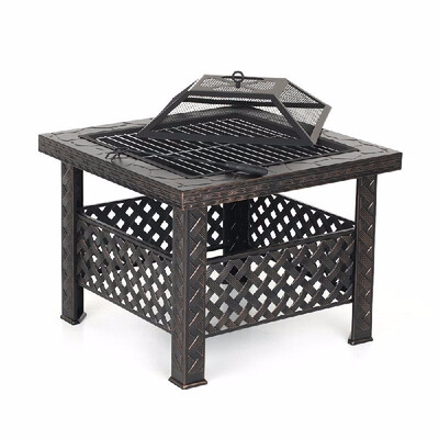 

IKayaa Metal Garden Backyard Fire Pit Patio Square Firepit Stove Brazier Outdoor Fireplace W Firepit Cover & Poker BBQ Gril