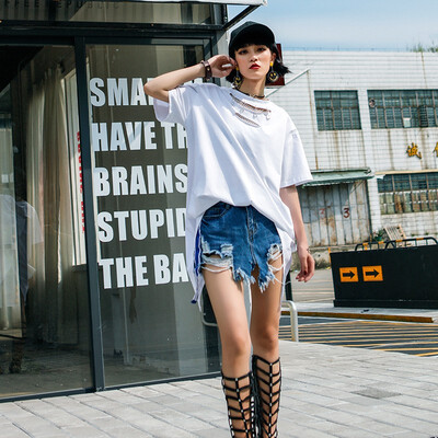 

Summer New O-neck Loose Large Size with Mesh Hole Short-sleeved T-shirt Female BF Style Dovetail Hole Tide T Shirt