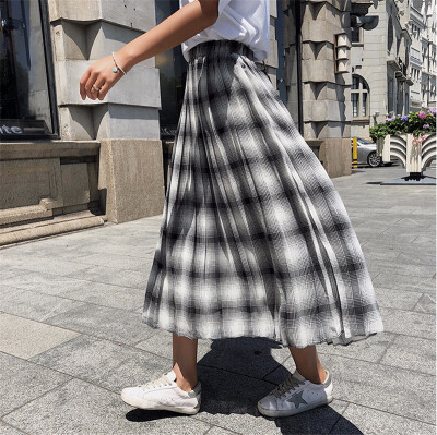 

Elastic Waist Chiffon Plaid Skirts Women Elegant Sweet High Waist Midi Party Skirt Harajuku Korean Style Faldas Mujer Saias