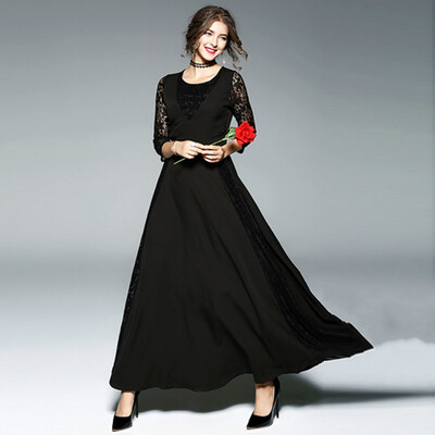 

2018 Women A-Line Lace Patchwork Vintage Long Sleeve Spring Women Elegant Maxi Party Dress Long
