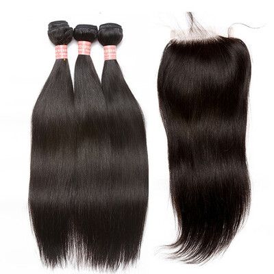 

3 Bundles With Closure 4pcsLot Straight Brazilian Virgin Human Hair Dolago