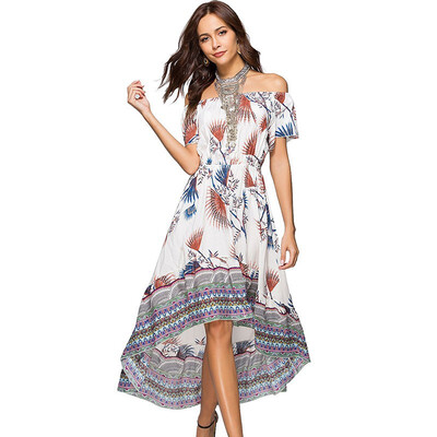 

2018 New Vintage Women Asymmetrical Short Sleeve Dress Print Floral Off Shoulder Elastic Waist Party Dresses Vestido