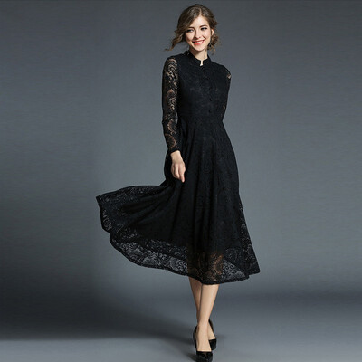 

2018 Black Khaki A-line Slim Lace Vintage Spring Full Sleeve Midi Women Female Dress Black Long Lace Dress