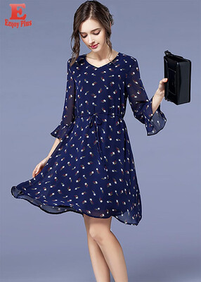 

XL XXL 3XL 4XL 5XL plus size elegant new summer autumn 2018 women chiffon dress 34 sleeve big size blue star print slim A line
