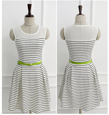 

Women's Chiffon Patchwork Cotton Dress With Belt Striped Sleeveless Dress