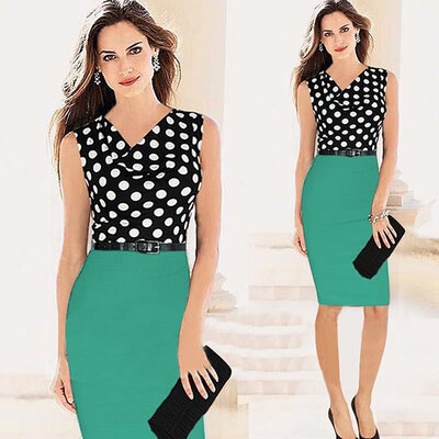 

Womens Belted Polka Dot Draped Neck Color Block Wear to Work Party Bodycon Dress