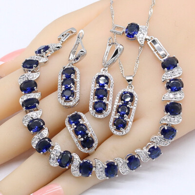 

2018 New 925 Silver Stamped Bridal Jewelry Sets Women Blue Crystal Orange Zirconia Necklace Pendant Earrings Ring Bracelet