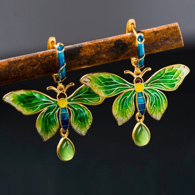 

925 pure silver butterfly retro Earrings Cloisonne earrings with jade accessories
