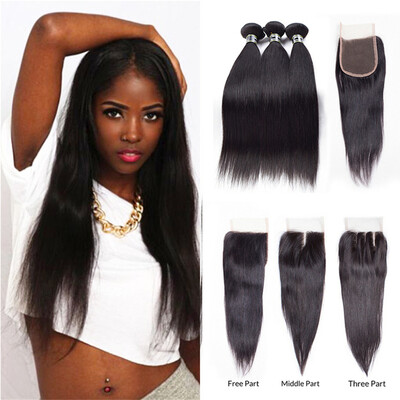 

8A Straight Hair With Closure Indian Virgin Hair Bundles With Closure Human Hair with Crochet Closure 4x4 Soft&Bouncy