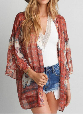 

2018 Boho Chiffon Floral Print Front Open Womens Loose Kimono