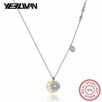 

100 925 Sterling Silver Snowflake Crystal Choker Necklaces for Women Gold Color Pendants&Pink Zircon Jewelry Christmas Gift