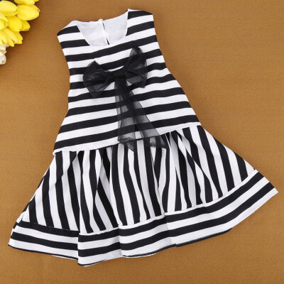 

New Fashion Korean Sweet Kids Girls Sleeveless Stripe Print Splicing Bow Dress