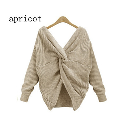 

2018 Two Wearing V-neck Knotted Backless Sweater Long-sleeved Women