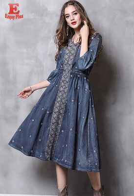 

M L vintage cotton new summer autumn 2018 women long maxi dress half sleeve blue jeans denim embroidery V neck mid calf casual