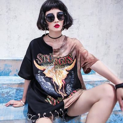 

2018 Womens Hit Color Hip Hop Tide Printing Long Loose Summer T-shirt Women Short Sleeve Plus Size