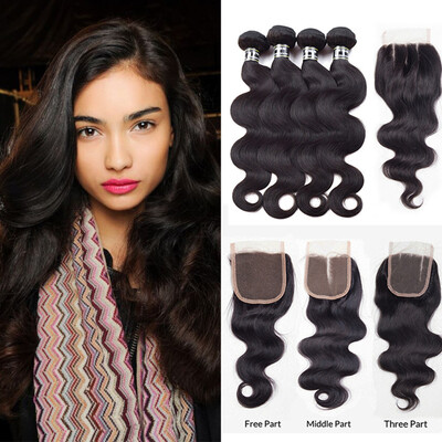 

8A Peruvian Hair 4 Bundles With Closure Body Wave Hair Wet And Wavy Unprocessed Virgin Hair Natural Color Excellent Texture