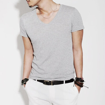 

Fashion Solid Color V-Neck Cotton Blends Short Sleeved Slim Men&39s T-Shirts