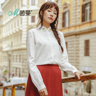 

INMAN 2018 autumn new style lapels embroidered dark stripes long-sleeved shirt female 18830VP11484 rice white