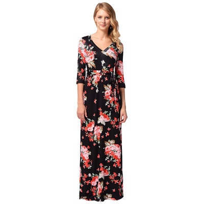 

2018 women Boho Floral Summer Dress V-Neck 34 Sleeve Beach Dress casual soft milk silk Sashes Stretch Causal Sundress