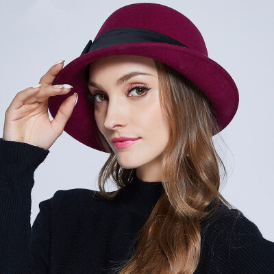 

Winter Warm Wool Hat Female Vintage All-match Elegant Hat Girls Fashion Wool Fedoras Hat Wide Brim Church Cap B-7329