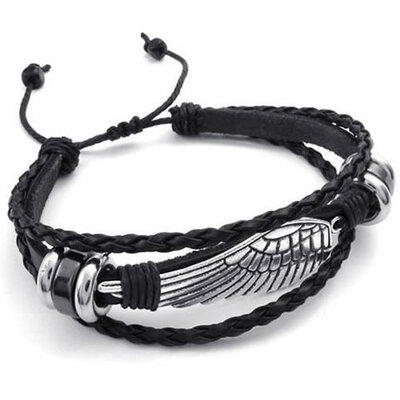 

Hpolw New 2015 Fashion Jewelry Black Leather Bracelet Silver Stainless Steel Vintage Angel WingFeather Charm Bangles