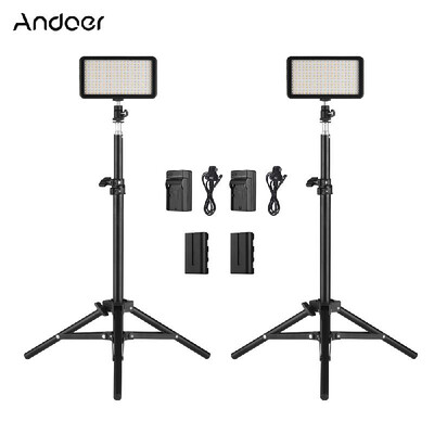 

Andoer LED Video Light Kit include 2pcs W228 3200K6000K BiColor Dimmable LED Video Light2pcs Max 72cm Light Stand2pcs 74V 22