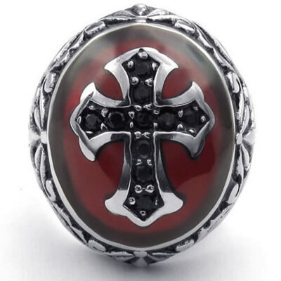 

Hpolw Mens casting Stainless Steel Crystal Ring,Biker Vintage Celtic Cross rubies ring,Red Black Silver