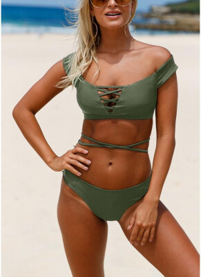 

2018 Women Tankini Swimsuits Lace up Padded Wireless Two Pieces Bikini Set Swimwear