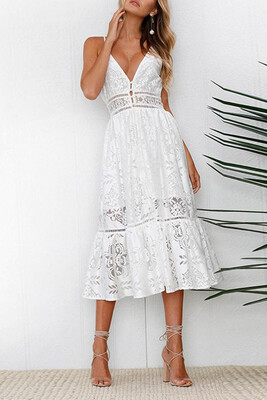 

Boho Lace Deep V Neck Skirt Spaghetti Strap Backless Maxi Dress Homecoming Dress