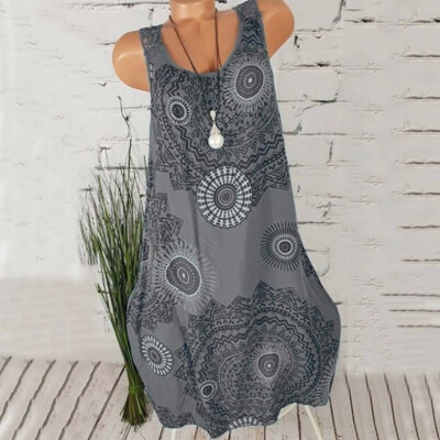 

New Fashion Women Printing Sleeveless Tank Dress Vintage Bohemian Midi Dress