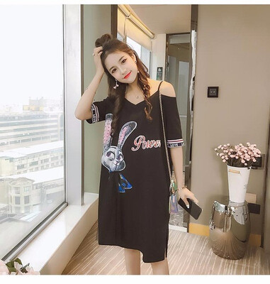 

Summer Loose Rabbit Cartoon Print Beading Appliques Dress Off The Shoulder Sweet Dress