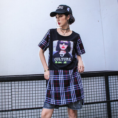 

2018 New Fashion Long Loose Patchwork Plaid Print Split Short Sleeve Hip Hop T Shirts