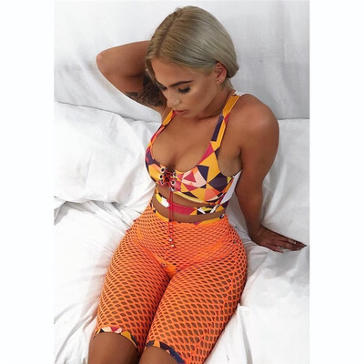 

Women Swimsuit Bandage Bikini Set Push-up Padded Bra Fishnet Shorts Bathing Suit